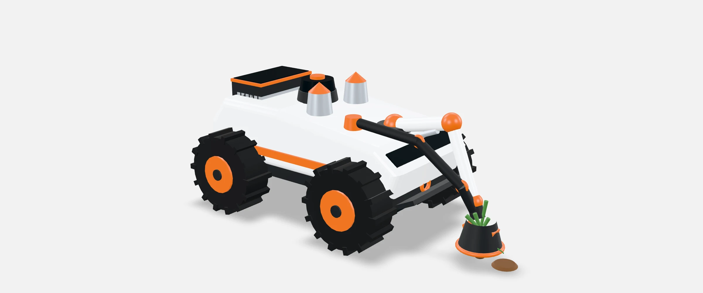 WEED/RCR v1.0 rover in profile, extraction arm lowered over a weed.